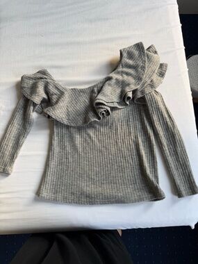 Ribbed Knit Off-Shoulder Ruffle Sweater